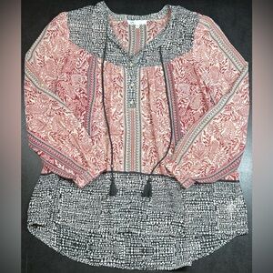 DR2 Daniel Rainn Women’s Size L Boho Sheer Tunic 1/2 Buttons & Tie Tassel Blouse